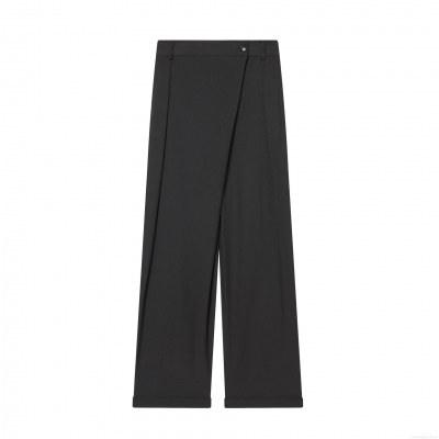 Women's Wide Leg Trousers Elegant Asymmetric High Waist Button Detail Solid Black Loose Fit Long Pants For Casual Office Daily Wear Trendy High Street Style