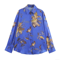Women's Floral Print Satin Texture Blouse Elegant Long Sleeve Turn-down Collar Button Down Shirt Loose Casual Blue Flower Top For Daily Work