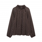 Women Elegant Polka Dot Chiffon Blouse Long Sleeve Bow Tie Neck Stand Collar Ruffle Trim Loose Fit Pullover Top Shirt For Daily Office Dating Casual Wear