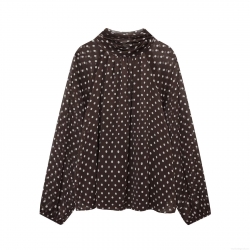 Women Elegant Polka Dot Chiffon Blouse Long Sleeve Bow Tie Neck Stand Collar Ruffle Trim Loose Fit Pullover Top Shirt For Daily Office Dating Casual Wear