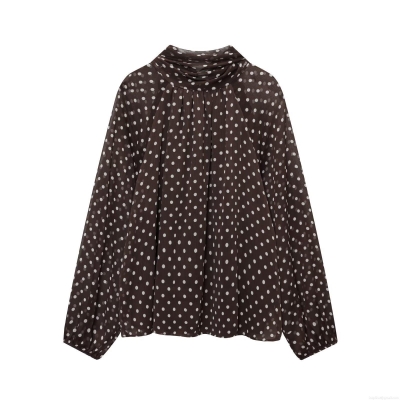 Women Elegant Polka Dot Chiffon Blouse Long Sleeve Bow Tie Neck Stand Collar Ruffle Trim Loose Fit Pullover Top Shirt For Daily Office Dating Casual Wear
