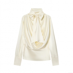 Women's Elegant Cream Satin Blouse With High Neck Bow Tie Long Sleeve Waisted Pleated Top For Party Date Night Lady Socialite Shirt