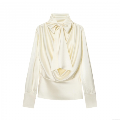 Women's Elegant Cream Satin Blouse With High Neck Bow Tie Long Sleeve Waisted Pleated Top For Party Date Night Lady Socialite Shirt