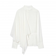Women's Elegant Asymmetrical Satin Blouse Long Sleeve Stand Collar Shirt Solid White Silk-Like Draped Top With Belt For Office Lady Commuting Chic Fashion