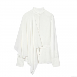 Women's Elegant Asymmetrical Satin Blouse Long Sleeve Stand Collar Shirt Solid White Silk-Like Draped Top With Belt For Office Lady Commuting Chic Fashion