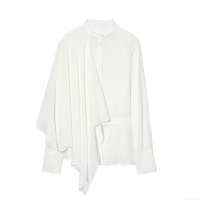 Women's Elegant Asymmetrical Satin Blouse Long Sleeve Stand Collar Shirt Solid White Silk-Like Draped Top With Belt For Office Lady Commuting Chic Fashion