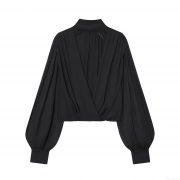 Women's Elegant Black Pleated Chiffon Blouse Long Sleeve Lantern Sleeve Bow Tie Back Stand Collar V Neck Casual Fashion Top For Party Office Lady
