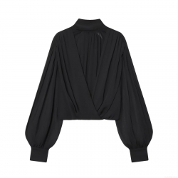 Women's Elegant Black Pleated Chiffon Blouse Long Sleeve Lantern Sleeve Bow Tie Back Stand Collar V Neck Casual Fashion Top For Party Office Lady
