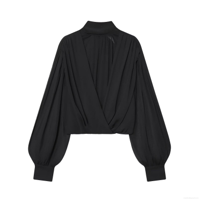 Women's Elegant Black Pleated Chiffon Blouse Long Sleeve Lantern Sleeve Bow Tie Back Stand Collar V Neck Casual Fashion Top For Party Office Lady