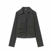 Women's Plaid Long Sleeve Shirt Ruched Front Slim Fit Polyester Blouse Elegant Grey Black Check Pattern Tops Casual Fashion Shirts For Women