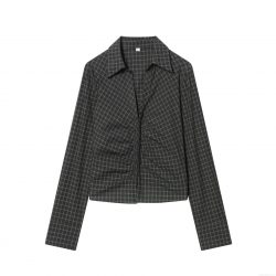 Women's Plaid Long Sleeve Shirt Ruched Front Slim Fit Polyester Blouse Elegant Grey Black Check Pattern Tops Casual Fashion Shirts For Women