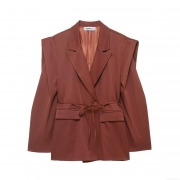 Women Casual Waist Tie Blazer Jacket 100% Polyester Solid Color Padded Shoulder Long Sleeve Slim Fit Suit Coat For Office Lady Daily Wear Commuting