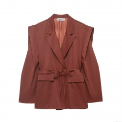 Women Casual Waist Tie Blazer Jacket 100% Polyester Solid Color Padded Shoulder Long Sleeve Slim Fit Suit Coat For Office Lady Daily Wear Commuting