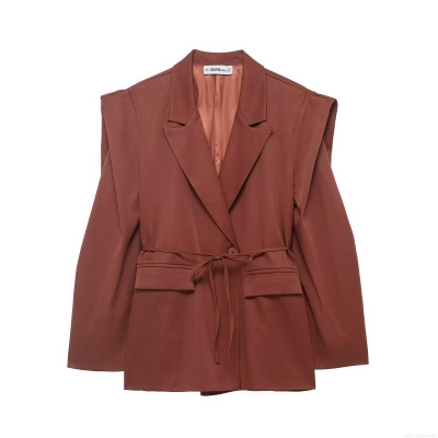 Women Casual Waist Tie Blazer Jacket 100% Polyester Solid Color Padded Shoulder Long Sleeve Slim Fit Suit Coat For Office Lady Daily Wear Commuting