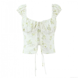 French Vintage Floral Cropped Top Women Off Shoulder Puff Sleeve Lace Up Blouse Summer Cottagecore Slim Fit Square Neck Short Sleeve Top For Vacation Daily Wear