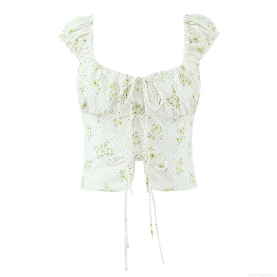 French Vintage Floral Cropped Top Women Off Shoulder Puff Sleeve Lace Up Blouse Summer Cottagecore Slim Fit Square Neck Short Sleeve Top For Vacation Daily Wear