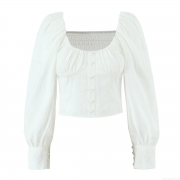 Women Retro Square Neck Puff Sleeve Blouse Smocked Back Crop Top Solid Color Polyester Blend Elegant Long Sleeve Shirt For Party Date