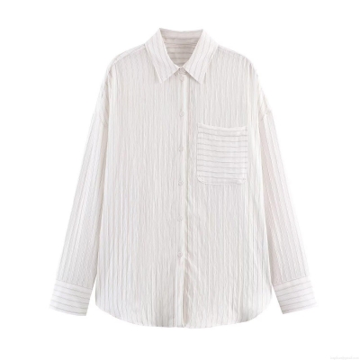 Women's Fashion Striped Blouse Long Sleeve Polyester Shirt With Pocket Single Breasted Drapey Casual Top For Ladies Spring Autumn Wear
