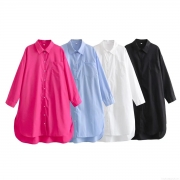 Women's Casual Loose Long Sleeve Poplin Shirt Dress Modern Solid Color Oversized Button Down Blouse Top with Chest Pocket for Daily Streetwear