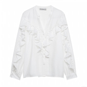 Women's Elegant Ruffle Tiered V Neck Long Sleeve Blouse Casual Solid White Polyester Shirt For Party Office Ladies