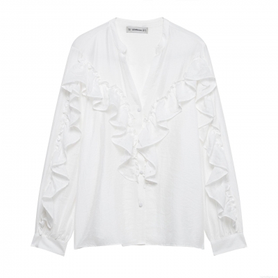 Women's Elegant Ruffle Tiered V Neck Long Sleeve Blouse Casual Solid White Polyester Shirt For Party Office Ladies