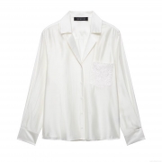 Elegant Women's Satin White Shirt With Embroidery Pocket Long Sleeve Button Down Blouse For Office Casual Party Lady Tops