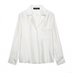 Elegant Women's Satin White Shirt With Embroidery Pocket Long Sleeve Button Down Blouse For Office Casual Party Lady Tops