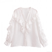 Women's White Ruffle Long Sleeve Blouse V-Neck Layered Decorative Shirt Solid Color Polyester Top for Casual Daily Date Wear Office Lady Fashion Sweet Style Shirt