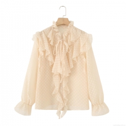 Women Elegant French Ruffle Tie-Neck Blouse Vintage Swiss Dot Sheer Chiffon Long Sleeve Shirt Apricot Sweet Lady Tops For Casual Office Party Dating
