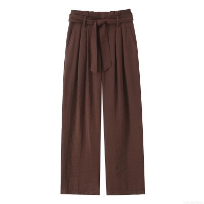 Women's High Waisted Wide Leg Pants With Tie Bow Belt Casual Solid Color Long Trousers Fashion Loose Straight Leg Pants For Daily Office Wear