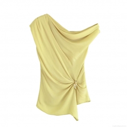 Women's Asymmetric Single Shoulder Satin Top With Metal Buckle Ruched Draping Sleeveless Solid Color Blouse For Party Clubwear Socialite Fashionable Summer Clothing