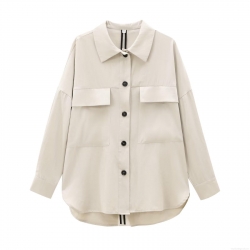 Women's French Design Shirt Jacket Mid-long Polyester Twill Blouse Long Sleeve Solid Color Pocket Top Casual Single-breasted Coat Apricot Minimalist Workwear For Ladies