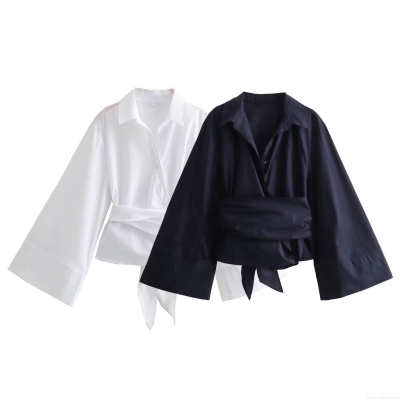 Elegant Women's Solid Color TC Poplin Shirt Long Sleeve Wide Cuffs Waist Tie Blouse For Daily Office Casual Wear Stylish Lapel Top