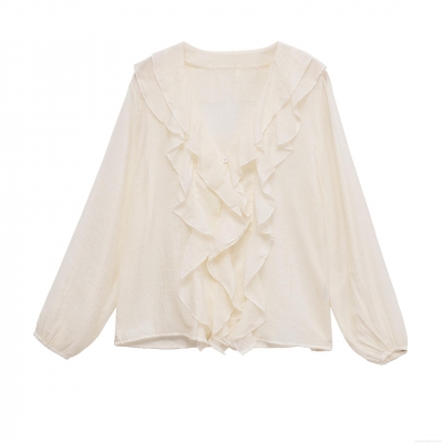 Elegant Off White V Neck Ruffle Long Sleeve Blouse For Women French Style Loose Solid Color Button Down Shirt Office Commuter Tops
