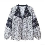 Women's Floral Print Blouse Polyester V-Neck Tie-Up Long Sleeve Shirt Bohemian Retro Casual Patchwork Top Elegant Floral Patterned Blouse For Summer Vacation