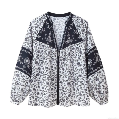 Women's Floral Print Blouse Polyester V-Neck Tie-Up Long Sleeve Shirt Bohemian Retro Casual Patchwork Top Elegant Floral Patterned Blouse For Summer Vacation