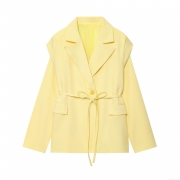 Women's Fashion Lemon Yellow Blazer With Waist Belt Long Sleeve Suit Collar Polyester Solid Color Casual Office Jacket Elegant Suit Coat For Women