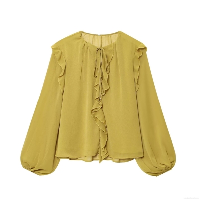 Women's Elegant Mustard Yellow Chiffon Ruffle Blouse Lantern Long Sleeve Tiered Solid Color Pullover Top With Tie Neck Metal Beads For Office Daily Casual