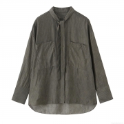 Women's Striped Long Sleeve Shirt Elegant Tie Neck Blouse With Dual Pockets Casual Button Up Top For Office Daily Commute Lady Polyester Clothing