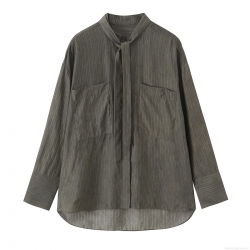 Women's Striped Long Sleeve Shirt Elegant Tie Neck Blouse With Dual Pockets Casual Button Up Top For Office Daily Commute Lady Polyester Clothing