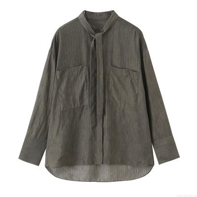 Women's Striped Long Sleeve Shirt Elegant Tie Neck Blouse With Dual Pockets Casual Button Up Top For Office Daily Commute Lady Polyester Clothing