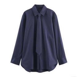 Fashion Women Long Sleeve Poplin Shirt With Tie Casual Navy Blue Solid Color Turn-down Collar Single-breasted Office Blouse Elegant Tops For Lady