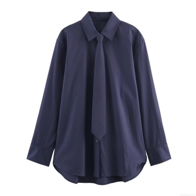 Fashion Women Long Sleeve Poplin Shirt With Tie Casual Navy Blue Solid Color Turn-down Collar Single-breasted Office Blouse Elegant Tops For Lady