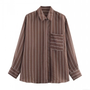 Women's Elegant Coffee White Striped Long Sleeve Shirt With Single Pocket Chic Polyester Button Down Blouse For Casual Daily Office Wear