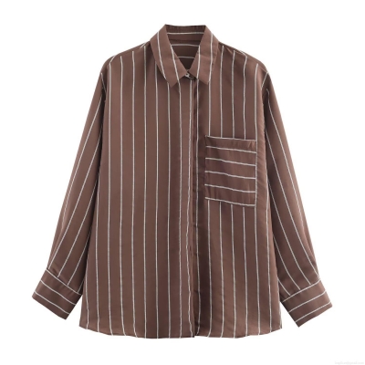 Women's Elegant Coffee White Striped Long Sleeve Shirt With Single Pocket Chic Polyester Button Down Blouse For Casual Daily Office Wear