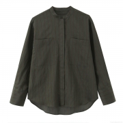 Women's Vertical Striped Long Sleeve Stand Collar Shirt Polyester Casual Blouse With Double Pockets High Low Hem Fashion Striped Tops For Women