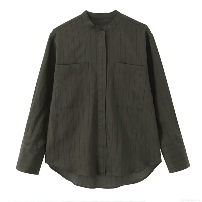 Women's Vertical Striped Long Sleeve Stand Collar Shirt Polyester Casual Blouse With Double Pockets High Low Hem Fashion Striped Tops For Women