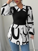 Women Elegant Faux Two-Piece Blouse Abstract Print Turnover Collar Bubble Long Sleeve Pullover Tops For Casual Party Daily Wear