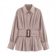 Women's Gingham Long Sleeve Shirt With Waist Belt Amber Square Buckle Lapel Collar Puff Sleeve Button Down Polyester Blouse Top For Daily Wear