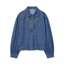 Women's Loose Denim Shirt Blouse Long Lantern Sleeve Lapel Semi Placket Top With Leopard Head Button Casual Distressed Western Style Streetwear